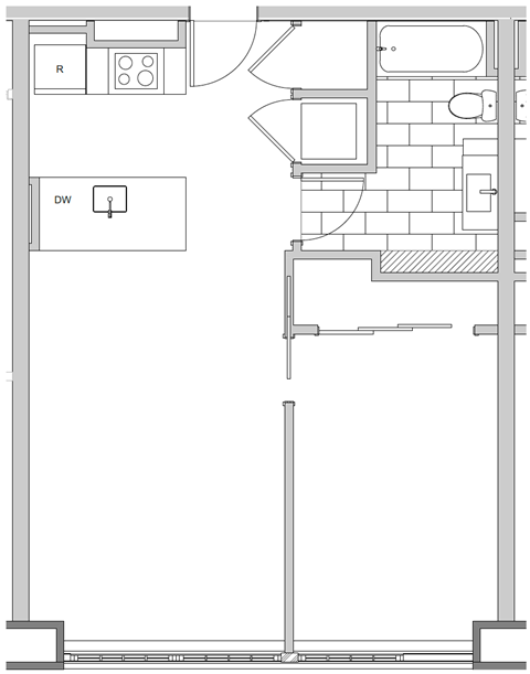 Floor plan for 1 bed, 1 bath, 667 sqft